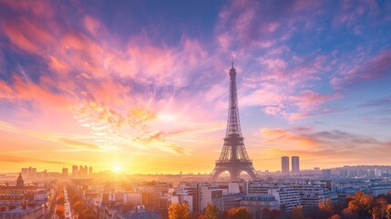 Fototapeta premium Eiffel Tower Sunrise Panorama in Paris