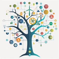 Obraz premium A colorful tree with various energy icons like wind turbines