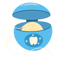 Fototapeta premium Packaging of dental floss for interdental cleaning. Medical thread, string for brushing teeth. Tool for mouth health care, oral hygiene. Flat isolated vector illustration on white background