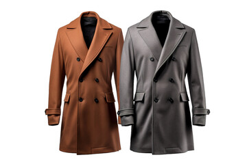 Two Classic Double-Breasted Overcoats in Rich Brown and Grey Hues on a Clear PNG or White Background.
