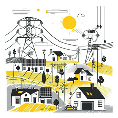 A vector illustration of small town with houses and solar panels