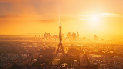 Obraz premium Eiffel Tower at Sunset with Hazy Skyline