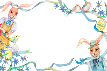 Png Easter Festival frame with bunny couple in the garden