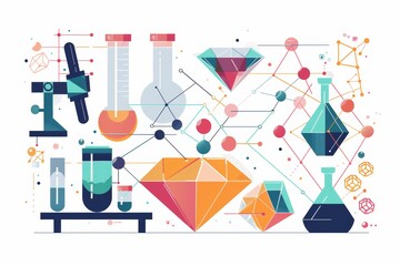 process of lab-grown diamond synthesis, carbon atoms bonding and crystallizing under controlled laboratory conditions to form high-quality diamonds flat illustration