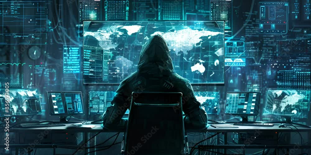 Poster Male hacker in a hood works on a computer with maps and data on display screens in a dark office room.