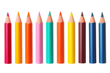 A Rainbow of Pointed Possibilities: Twelve Sharpened Colored Pencils Aligned on a White Background on a Clear PNG or White Background.