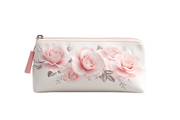 A Delicate Floral Makeup Bag With Pink Roses on White Background on a Clear PNG or White Background.