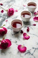 Delicate porcelain cups filled with rose tea, garnished with scattered rose petals