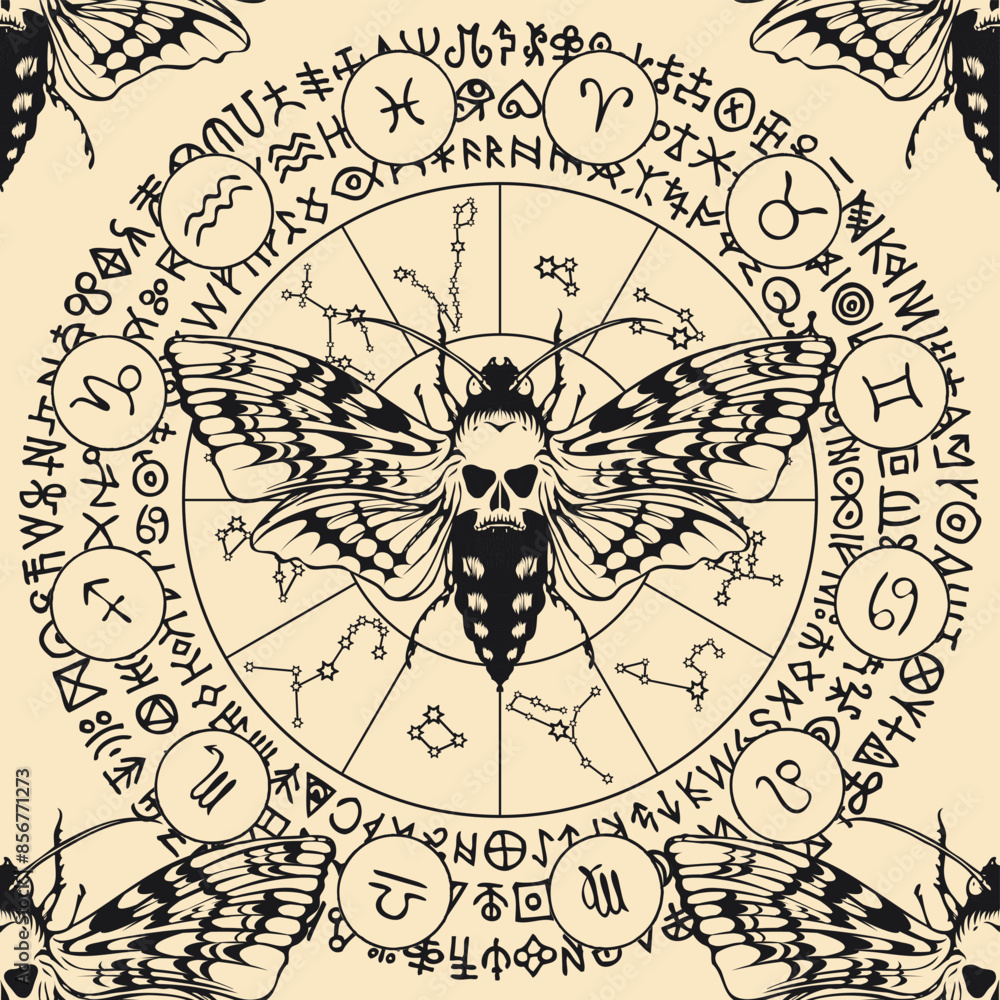 Poster vector seamless pattern with a death's head butterfly on the background of the zodiac circle with co