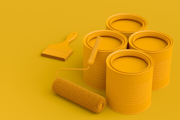 Set of metal and plastic buckets, paint roller and brush on monochrome