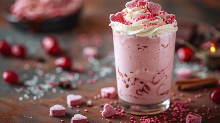 Valentine's Day Strawberry Milkshake with Heart Shaped Sprinkles