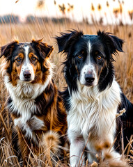 Fototapeta premium Two brown and white dogs sitting in field of tall grass and dry grass.
