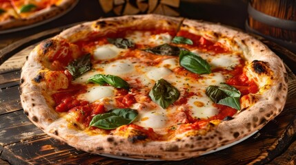 Closeup of a delicious margherita pizza with fresh basil.