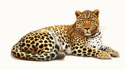 Naklejka premium 3. Produce a detailed artwork of a leopard in a natural pose, capturing its characteristic spots and alert expression. The illustration should feature a transparent background, making it versatile