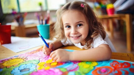 A young girl smiles and draws