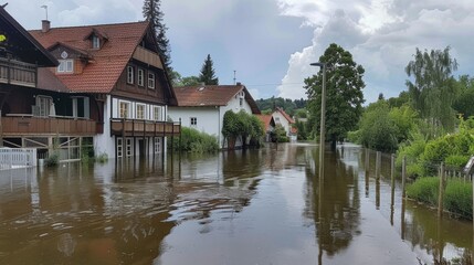 Obraz premium consequences of a flood in a small town or village. private houses and streets in water after a dam break or rainstorms
