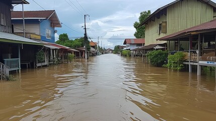 Fototapeta premium consequences of a flood in a small town or village. private houses and streets in water after a dam break or rainstorms