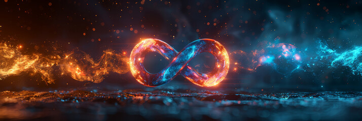 3D Render of Infinity Symbol Floating Above Palm with Dark Blue and Pink Gradient Background, Light Effects, Created in Unreal Engine