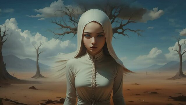 Surrealism psychedelic animation loop. Female abstract heads in desert, transforming images illustration