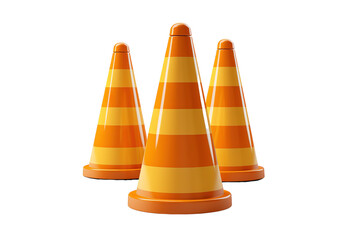 A Trio of Traffic Cones Standing Tall Against a White Background on a Clear PNG or White Background.