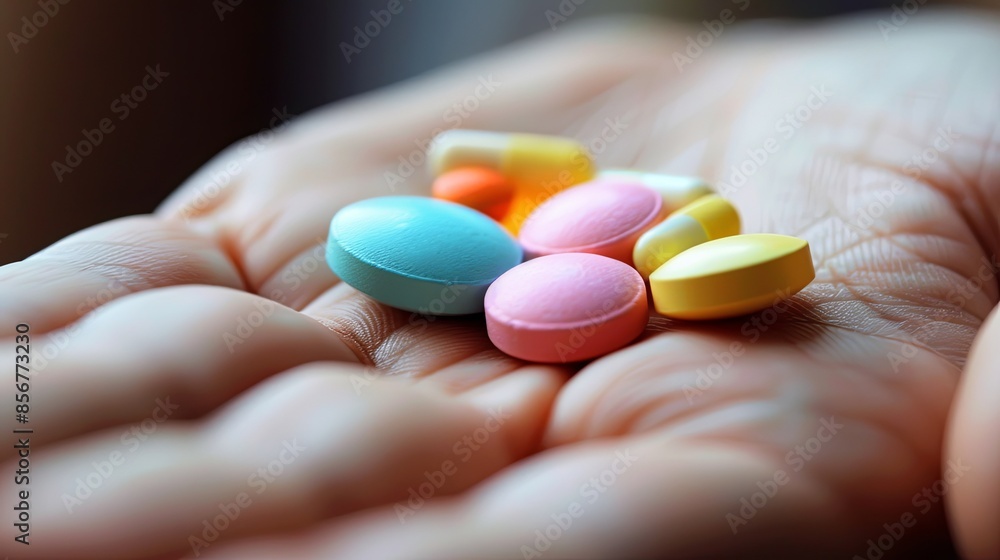 Poster a close-up shot of an open palm with various colorful pills resting on it. the background is softly 