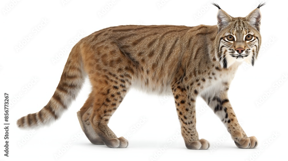 Poster 2. design an isolated image of a bobcat in its entirety, emphasizing its agile stance and keen expre