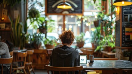 A woman sits at a table in a cafe, using a tablet to browse the internet