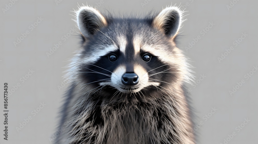 Poster 2. design an isolated image of a raccoon in its entirety, emphasizing its fluffy fur and distinctive