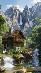 Obraz premium Log cabin in a lush forest with a waterfall and mountain backdrop, serene nature getaway concept