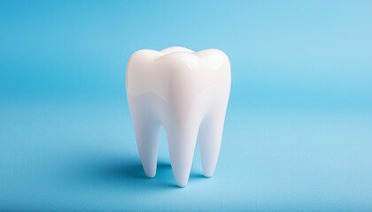White tooth model on blue background. Dental care. Stomatology clinic, orthodontist's business.