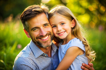 Fototapeta premium Smiling father and daughter embracing in a sunlit field, capturing a moment of joy and togetherness with greenery in the background.