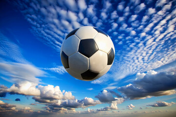 Fototapeta premium Soccer ball in mid-air against a blue sky with fluffy clouds. Dynamic shot capturing the motion and excitement of the sport.