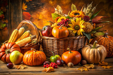 Thanksgiving still life with pumpkins, corn, apples, and flowers in wicker baskets. Rich autumn colors and harvest.