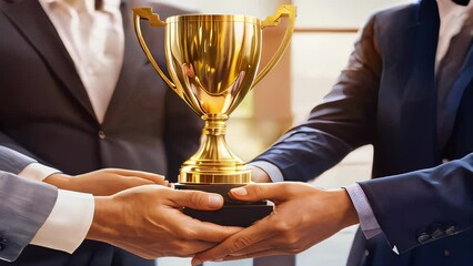 Close-up of business professionals holding a golden trophy together, symbolizing teamwork, success, and achievement in a corporate setting.