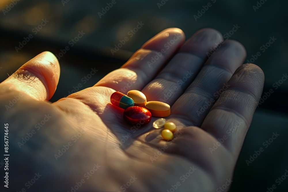 Poster a close-up image of an open palm holding a variety of colorful pills. the background is softly blurr