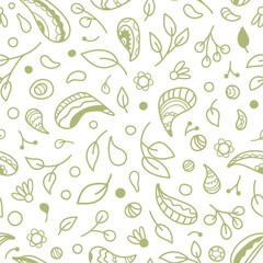 Primitive minimalist vector seamless pattern. green doodles on a white background. Design for paper and fabric printing.