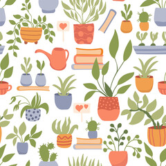 Potted plants, tools and books background. Seamless pattern on a white. Design for wrapping paper,  fabric and textile. Vector illustration cozy home.