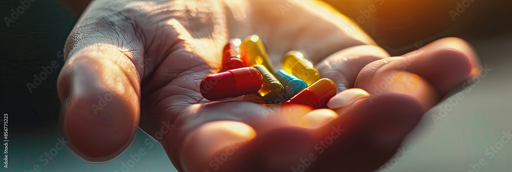 Poster a close-up image of an open hand holding a few brightly colored pills. the background is softly blur