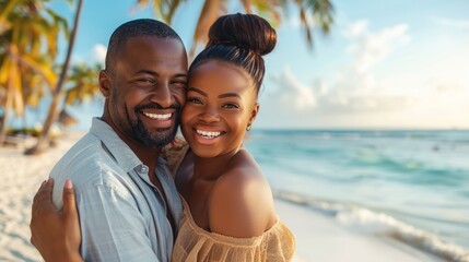 smiling african american couple embracing each other on the beach