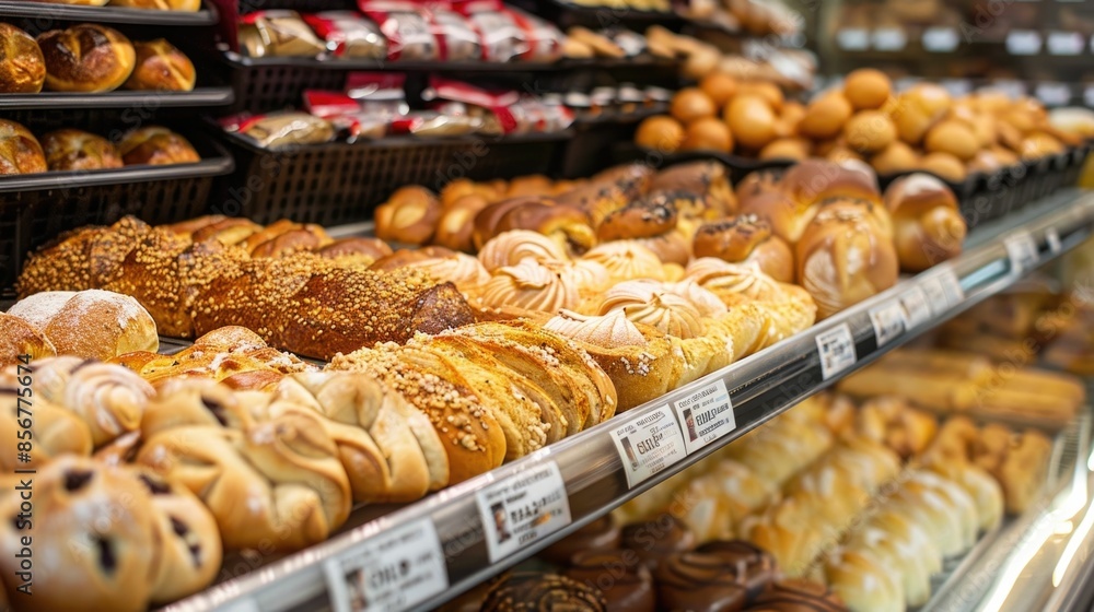 Poster an array of freshly baked breads pastries and other tempting bakery goods are displayed in a refrige