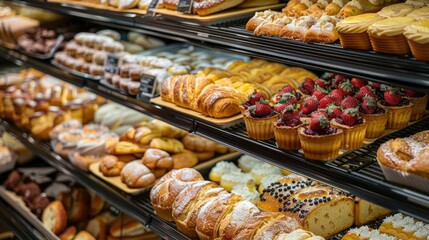 Mouthwatering array of freshly baked pastries desserts and other bakery products temptingly displayed in the refrigerated shelves of a modern grocery store