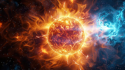 3D illustration of an orange and blue fireball with energy waves emanating from it