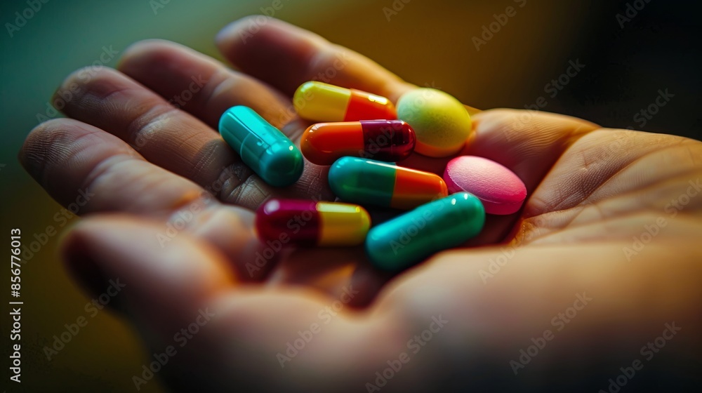 Poster A close-up image of a hand holding several colorful pills. The background is softly blurred, emphasizing the pills and creating a caring atmosphere. Generative AI