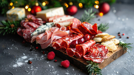 Close-up of charcuterie board with meats and cheeses on festive dinner table.