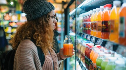 Obraz premium Woman browsing through variety of chilled colorful juice bottles and containers in the refrigerator section of a supermarket or grocery store choosing refreshing beverage options
