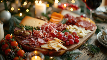 Close-up of charcuterie board with meats and cheeses on festive dinner table.