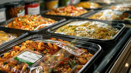 Diverse selection of family friendly frozen meals and prepared dishes displayed in the freezer section of a modern supermarket or grocery store  The frozen food options provide a convenient