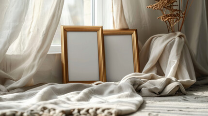 CLOSE UP SIDE SHOT OF EMPTY FRAME MOCKUPS LEANING ON THE FLOOR, EMPTY FRAMES ON THE FLOOR