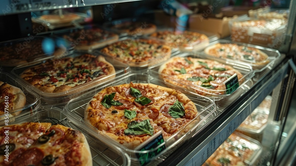 Poster assortment of various frozen pizza varieties neatly arranged and displayed in a supermarket freezer 