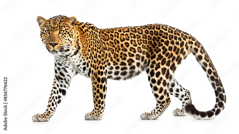 Poster 2. design an isolated image of a leopard in its entirety, emphasizing its muscular stance and elegan
